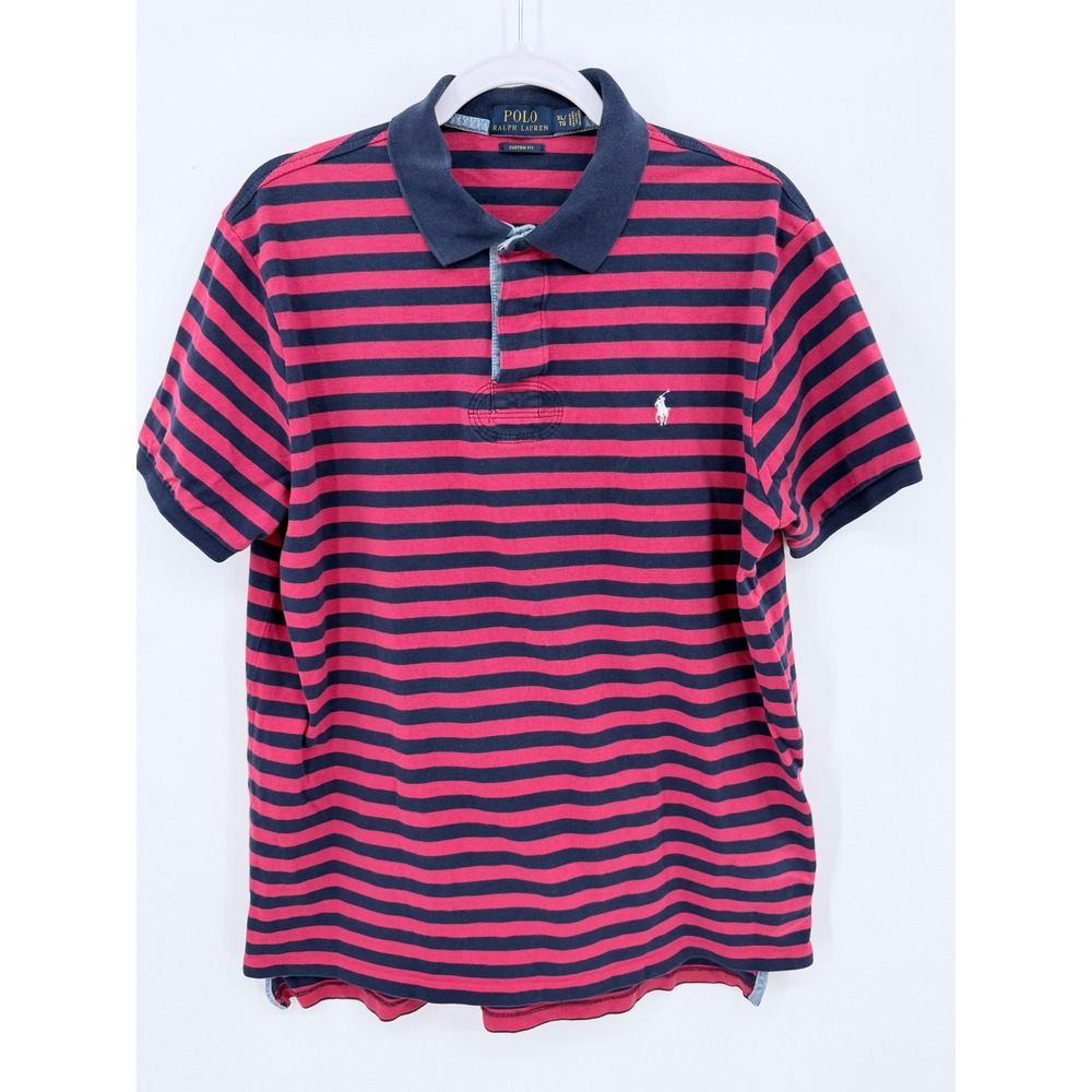 Polo Ralph Lauren Polo Shirt Men XL Navy Blue Red Stripe Custom Fit Short Sleeve